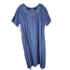 The Vermont Country Store Blue Embroidered Patio Dress 2X Linen Cottagecore